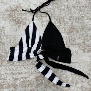 Forest Ink Bikini Top Womens Medium Halter Swimsuit Stripe Tie Bathing Swimwear